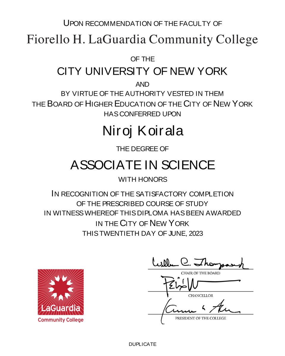 Associate Degree from LaGuardia Community College